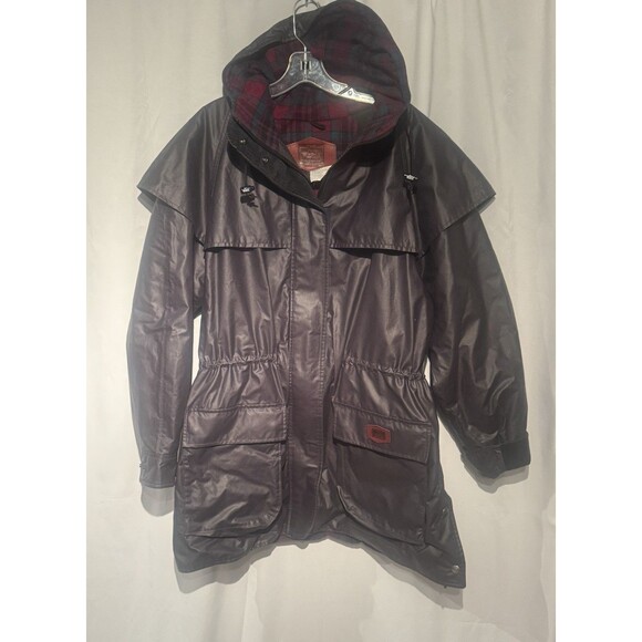 VTG Woolrich Made in USA Waxed Cotton Barn Coat Jacket Womens L Wool Plaid Lined - Picture 1 of 13